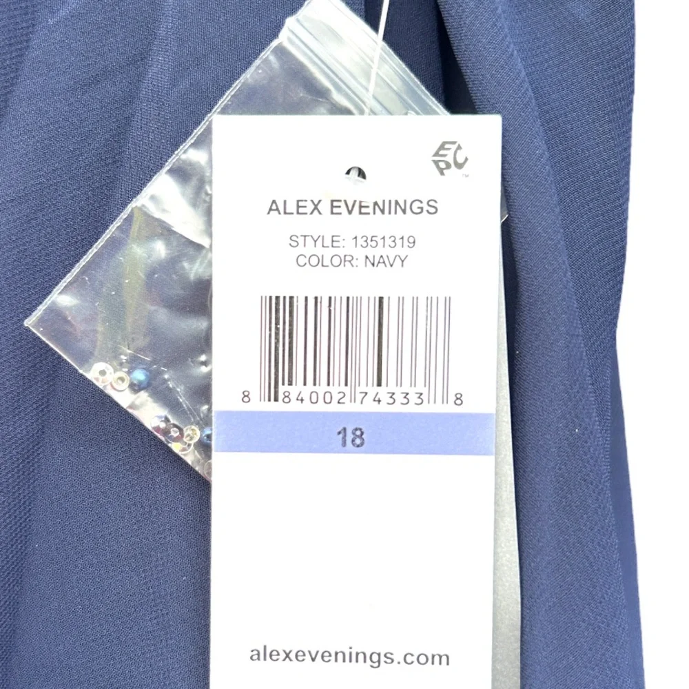 NEW ALEX EVENINGS Gown Dress 18 Navy Embellished Chiffon Cold Shoulder Layered - Picture 4 of 4